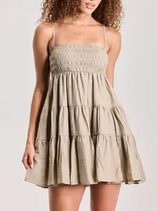 klassy Tiered Mini Brami Dress - Sleeveless Boho Summer Dress with Square Neckline & Adjustable Straps - Casual Crinkle Fabric