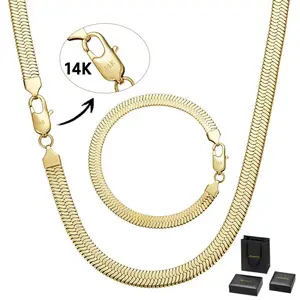 [New Upgraded Set]  14K Gold Plated Dainty Herringbone Choker Necklace for Women Man Snake Sleek Flat SnakeChain Necklaces Multiple Lengths Jewelry
