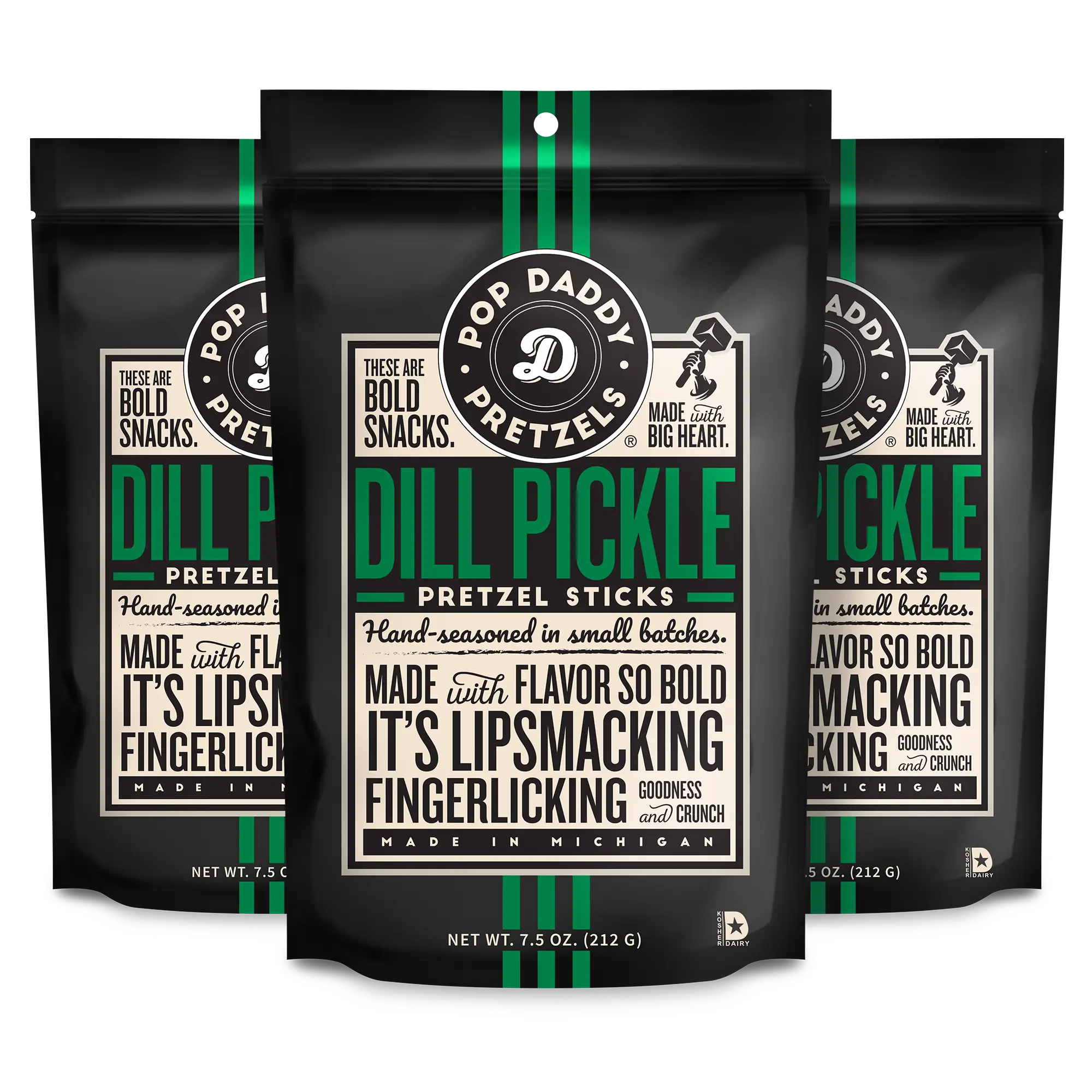 Pop Daddy Flavored Pretzels Sticks | Healthy Gourmet Pretzels Snacks | 7.5oz Individual Bags | 3 Pack | Dill Pickle