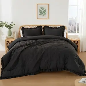 3Pcs Comforter set Diamond-Pattern Quilted Top Comforter for All Seasons Pre-Washed Bedding Set, Lightweight Solid Bed Comforter Sets, Black, King/Cal