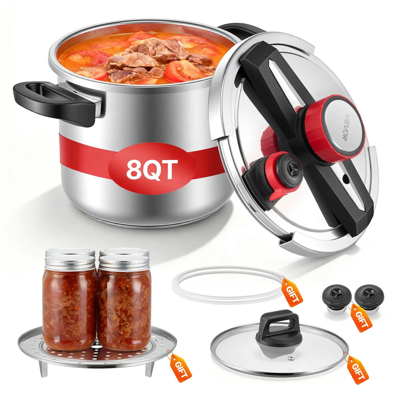 VEVOR Pressure Cooker, 8Qt Pressure Cooker Stainless Steel, Pressures Canner with Steaming Rack, Tempered Glass Lid, Three Pressures Settings for Meat, Beans, Rice, Soup, Sauces, Cook up to 100 kPaSummervibes