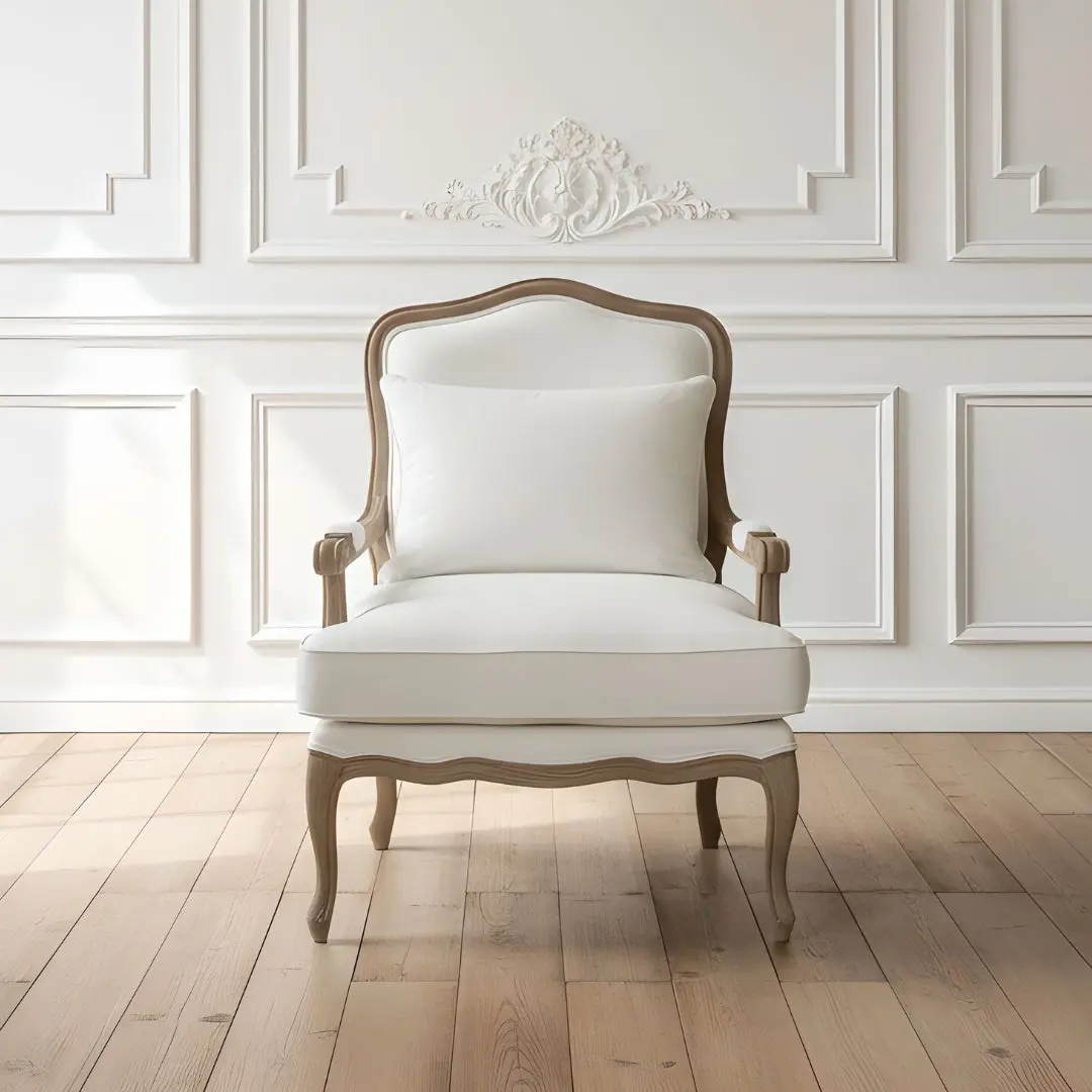Reims Louis XV Linen-Upholstered Single Seat Armchair - Linen Upholstery, Distressed Solid Ash Wood Frame, Traditional Arms, Included Throw Cushion, 26x25x38in (wxdxh), Cozy Library Indoor Furniture Accent Piece