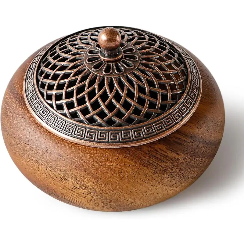 Handcrafted Wooden Round Incense Burner - Minimalist Alloy Lid Censer with Mesh, Modest Natural Wood Tray Holder for Stick, Cone, Sage Incense, Yoga Meditation, Aromatic Scent Stress Relief Home Fragrance Decor