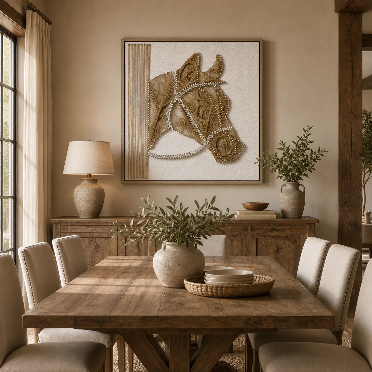 31.5-Inch Jute-Thread Art 3D Horse Wall Decoration, Handmade Nail Artwork with Wood Frame, Artistic Room Hanging Decor with Depth Effect (Not a Flat Print)