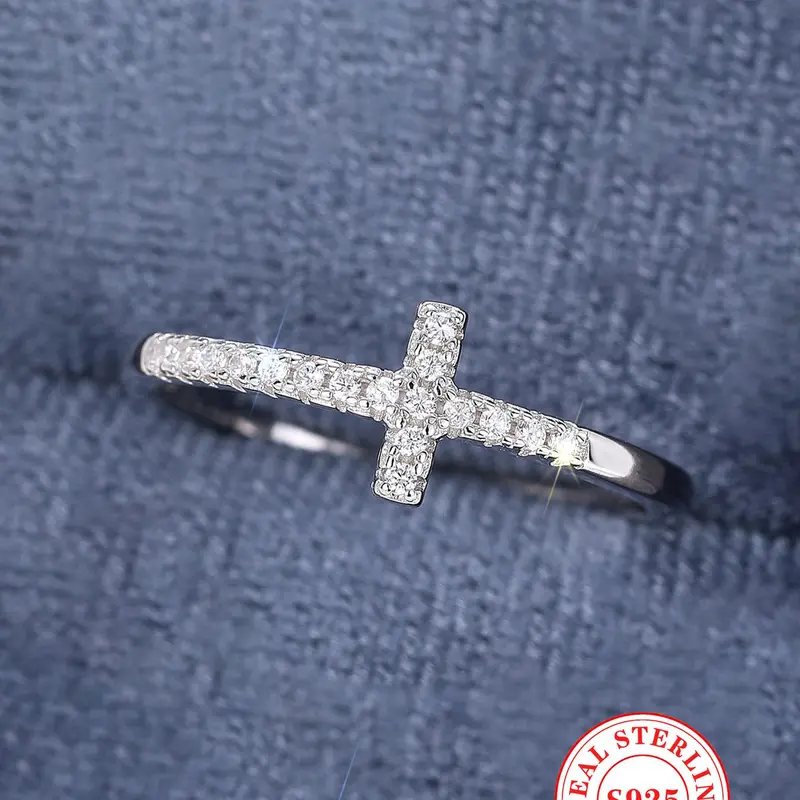 S925 Sterling Silver Cross Design Rhinestone Decor Multi Cut Cluster Ring, Fashion Accessories, Trendy All-match & Exquisite Jewelry Form Women, Jewelry Rings