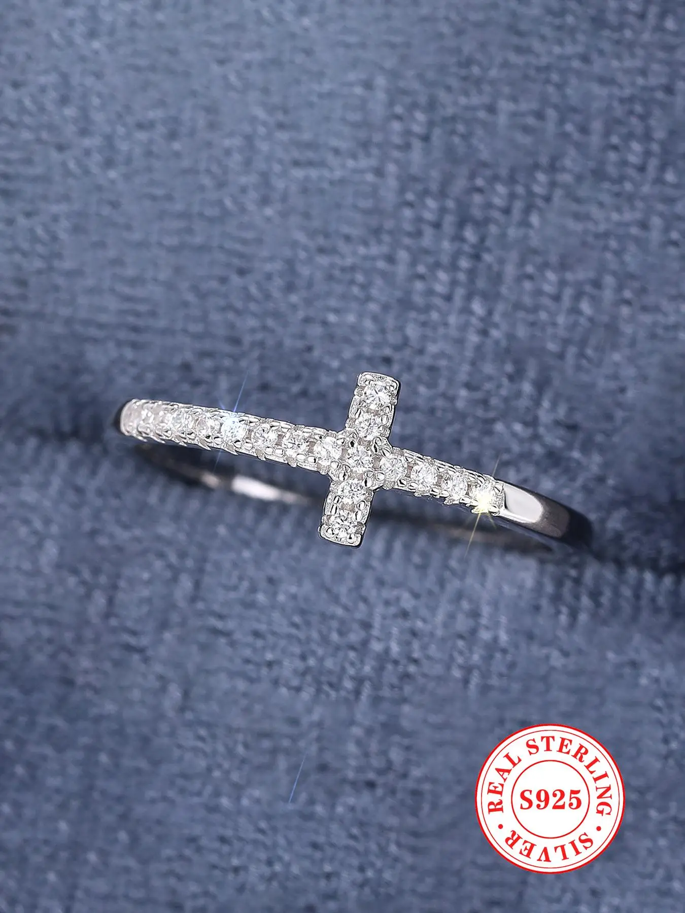 S925 Sterling Silver Cross Design Rhinestone Decor Ring, Fashion Accessories, Trendy All-match & Exquisite Jewelry Form Women