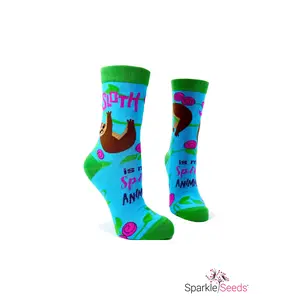 Lady's Spandex Novelty Crew Socks - "Sloth is My Spirit Animal" Design, Fits Most Women