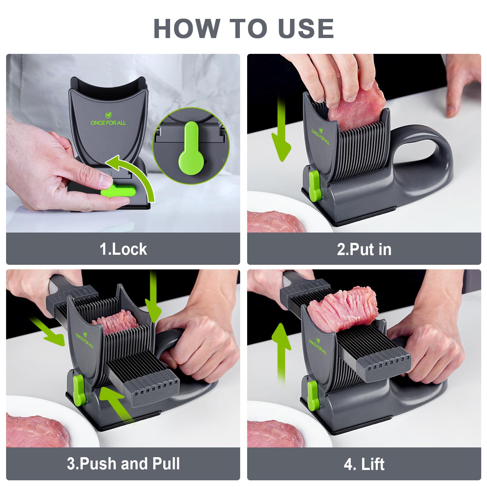 【ONCE FOR ALL】Manual Meat Slicer for Fresh Raw Meat (with Steady Grip), Meal Prep for the Week, Adjustable Thickness 2mm or 4mm, 17 Blades get 18 Fresh Meat Slicer, Meat Cleavers can be Sliced, Striped, Diced -Gray Fruit Chopping Appliance Kitchen Utensil