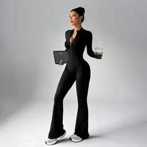Women’s Zip-Up Flare Leg Jumpsuit – Slim Fit One-Piece Activewear with Butt-Lifting Design for Yoga, Gym & Daily Wear