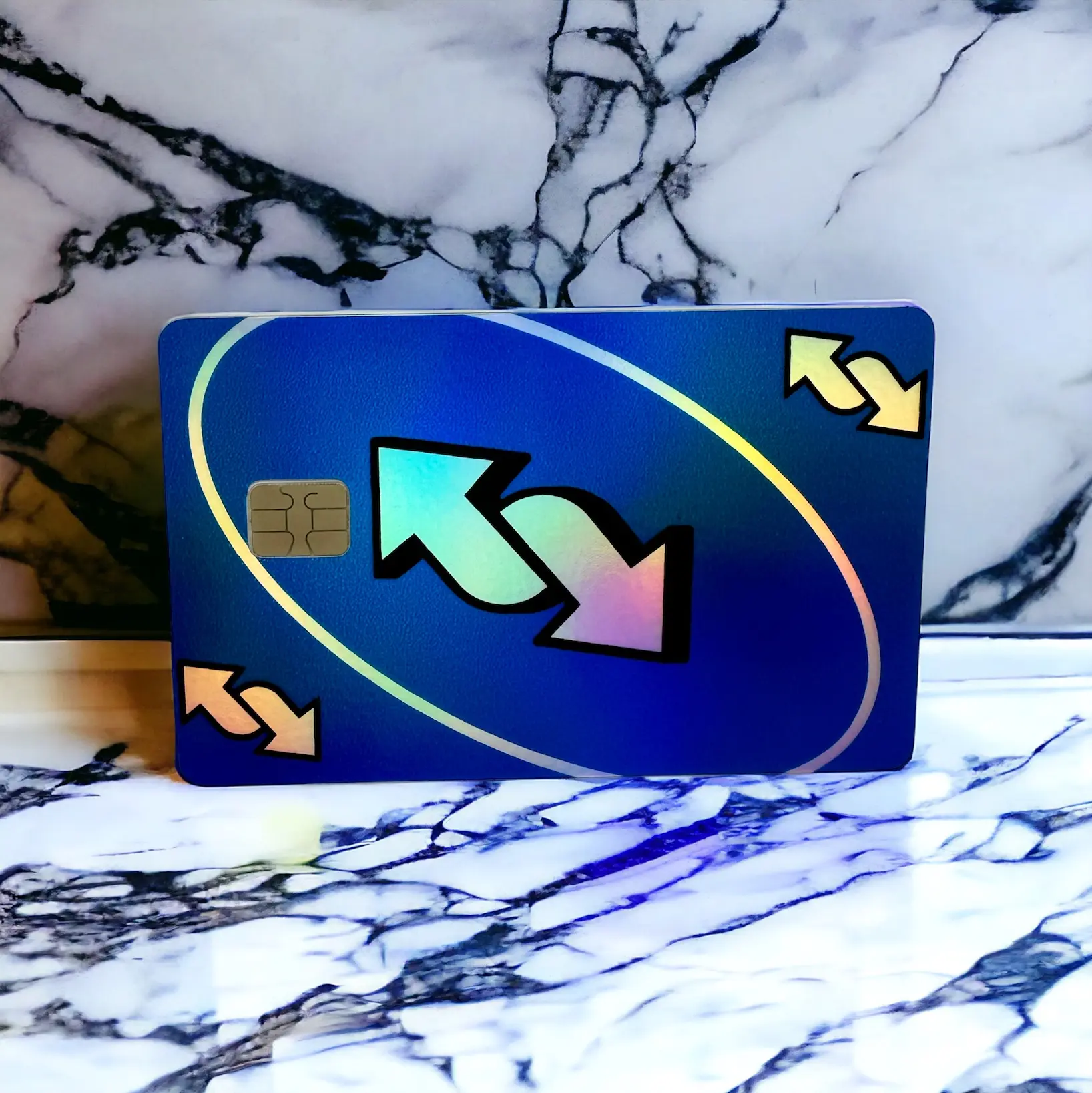 Credit Card Vinyl Skins Blue Uno Card Holographic Decal -With Easy Pull Tabs Credit Card Vinyl Skins Blue Uno Card Holographic Decal -With Easy Pull Tabs