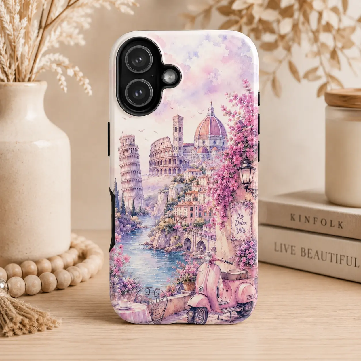Pastel Italy Phone Case | Cute Italian Travel Aesthetic Case for iPhone & Samsung | Pink Vespa, Florence & Pisa Desig