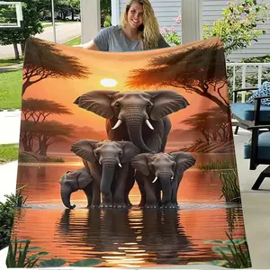 1Pc Bohemian Style Elephant Sunset Fleece Throw Blanket - Soft, Lightweight, Hypoallergenic 100% Polyester, Perfect For Bed, Sofa, Home Office & Outdoor Adventures