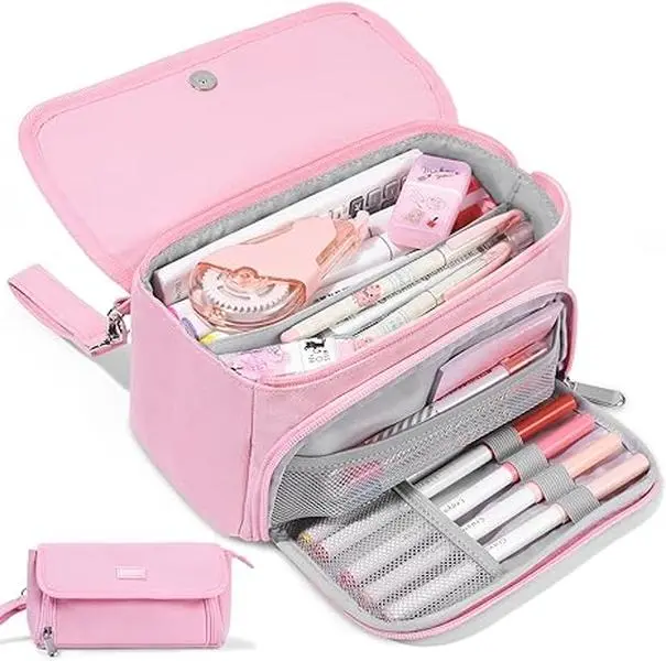 Large Pencil Case, Big Capacity Pencil Bag with 3 Compartments, Hold 200 pencils, Cute Pencil Pouch with Zipper, Portable Stationery Pen Bag, Aesthetic School Supplies For Girls, Pink