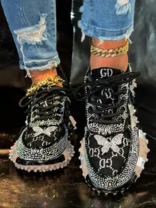 High-End Blue Dad Shoes with Rhinestones, Chunky Thick Sole Platform Sneakers, Versatile Casual Footwear, All Seasons Textile & Rubber
