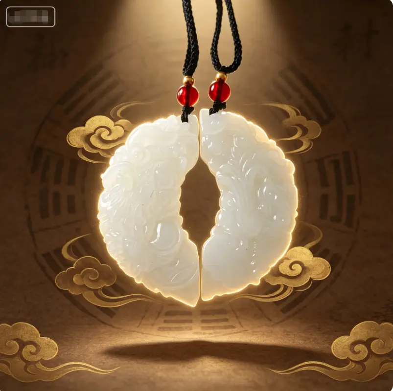 Oriental White Jade Couple Pendant Harmony & Safety Guardian Lucky Charm