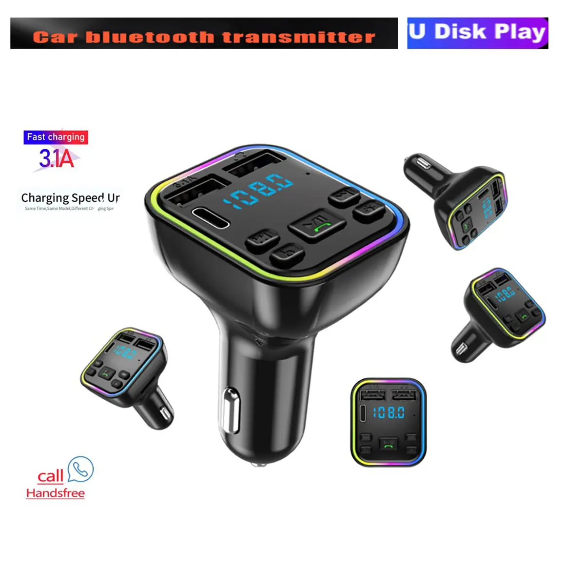 FM Transmitter Car Bluetooth Adapter, Wireless Radio Music Adapter Car Kit with 2 USB Charging, Audio Receiver Car Charger MP3 Player, LED Display Hands-Free Calling Support