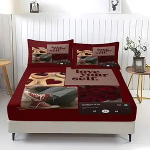 Red ins rose patchwork printed pattern bed sheet, comfortable printed pattern, including 1 bed sheet and 2 pillowcases, comfortable bedding, anti slip dust cover suitable for bedrooms and guest rooms, suitable for children and adults as gifts