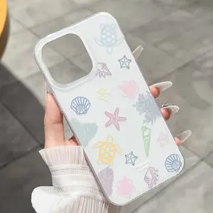 Apple White Light Phone Case Summer Ocean Series Transparent Shockproof Cover for iPhone 14/13/12 Series Colorful Turtle Shell Starfish Pattern Full Edge Soft Case Lightweight Fashion Cross Border Exc