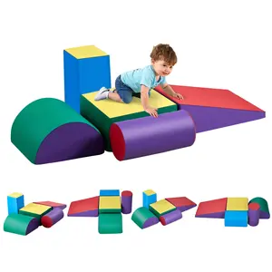 5-Piece PU Leather Foam Blocks Indoor Playground Set, Toddler Climb-and-Crawl Activity Playset for 6 Months-3 Years Old, Indoor Crawling & Sliding Toys, Easy-Clean Home Play Equipment
