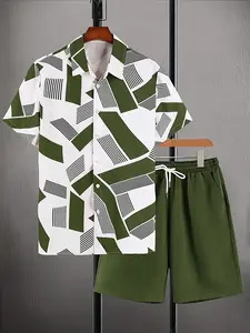 Men's Green Fashion Shirt Set with Geometric Design, Trendy Men's Top and Shorts Set, Casual Vacation Outdoor