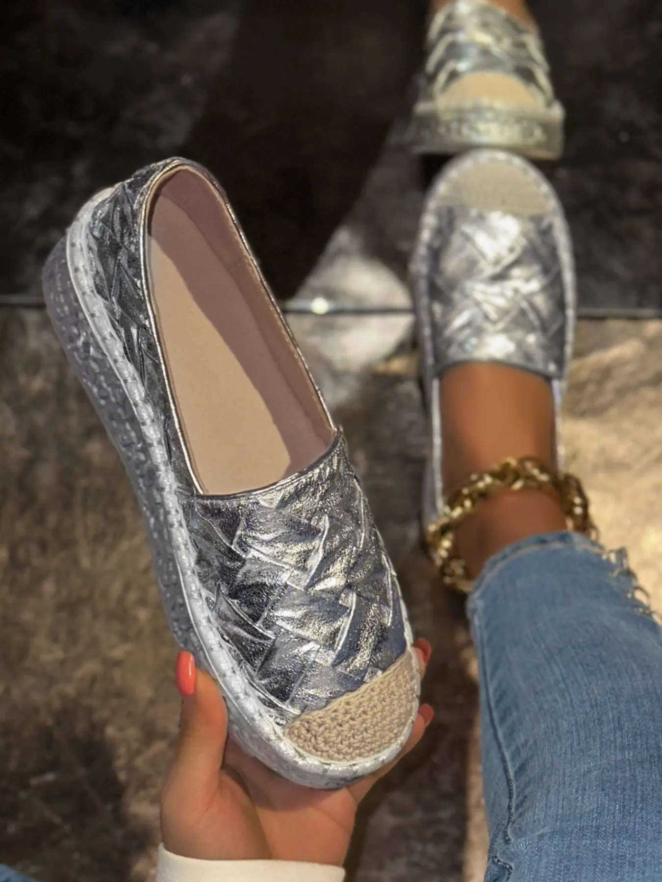 High-End Metallic Sheen Braided Fisherman Shoes, Walking Shoes, Casual Trendy Shoes, Non-Slip Straw Thick Sole, Slip-On, European Style, All Seasons, Wide Fit Friendly