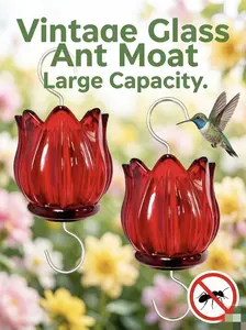 Real Glass Ant Moat for Hummingbird Feeders & Oriole Feeders Glass Tulip Shape Insect Guard with Large Capacity Flower Design Nectar Feeder Accessory Hooks (Red, 2 Pack)