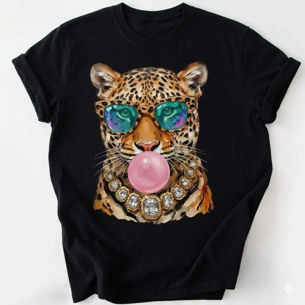 Women's Graphic Tee with Retro Leopard Sunglasses Print, Casual Short Sleeve Cotton Top for Daily Outfits, Shortsleeve, Fabric