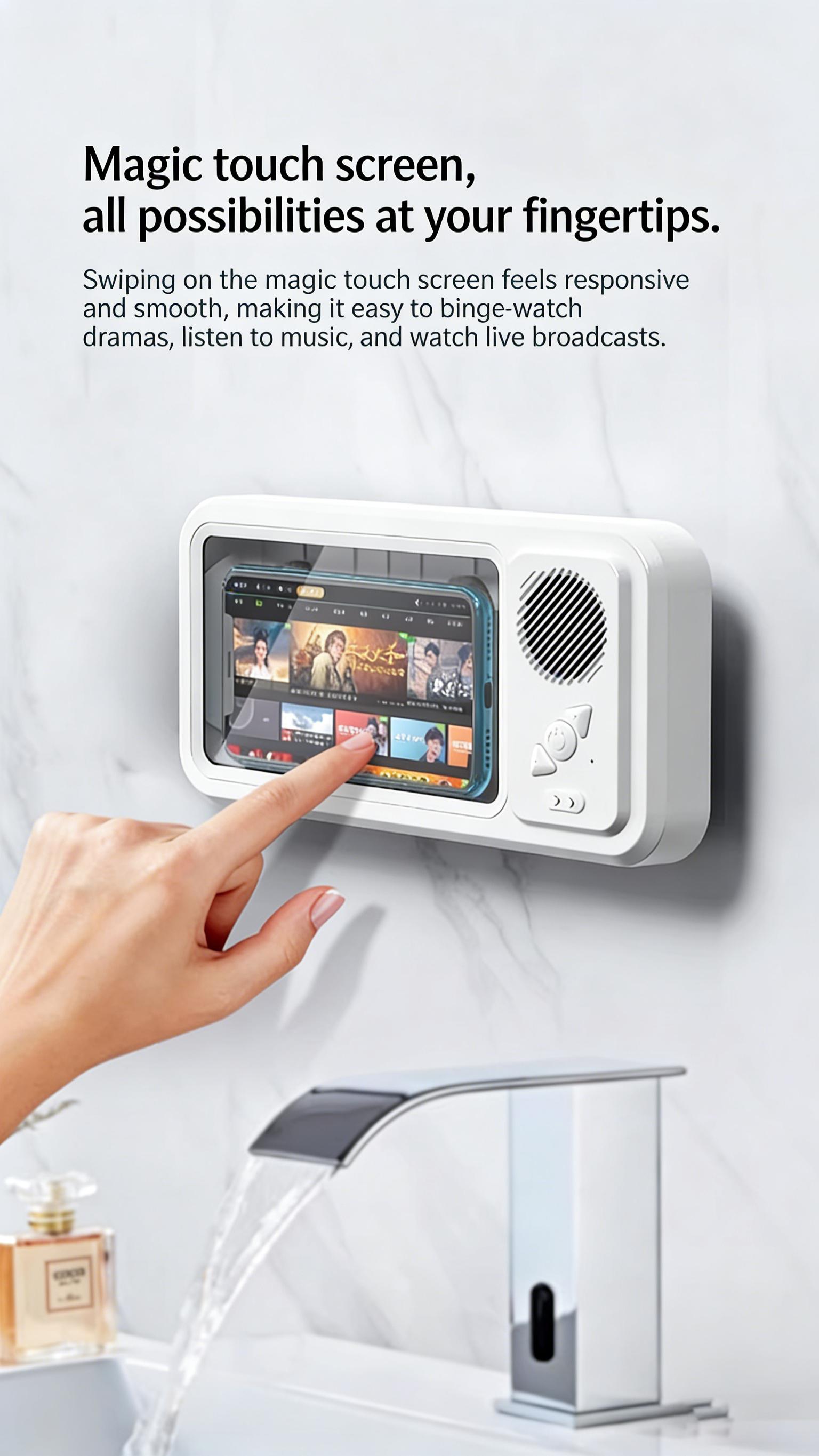 Waterproof Shower Phone Holder with Built-in Bluetooth Speaker, 360° RotatingTouchscreen Case, Anti-Fog, Hands-Free Mount for Bathroom, Kitchen, Pool - WatchNetflix/YouTube While Showering