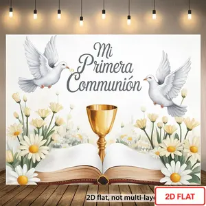 2D Flat, 1pc Elegant First Communion Banner with Doves, Chalice & Open Book - Pastel White & Golden Religious Party Decorations for Christening, Confirmation, Easter, Christmas - 2D Flat Wall Hanging with "Mi Primera Comunión" Lettering - Easy-to-Hang