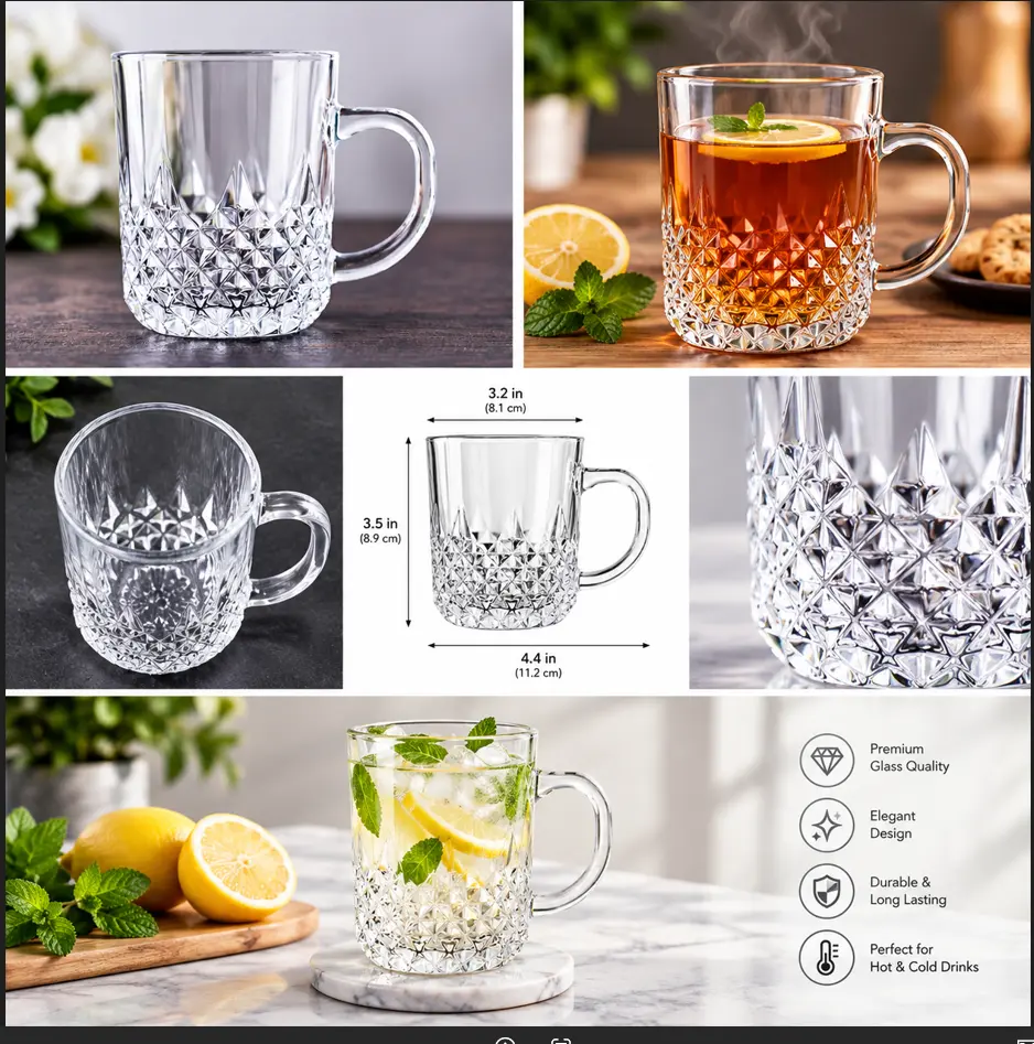 6-Piece Clear Glass Coffee & Tea Mug Set – 270ml Transparent Butterfly Embossed Glass Cups with Handle, Durable Heat-Resistant Drinking Mugs, Elegant Floral Design, JingYuan Branded Gift Box Packaging for Home & Office Use