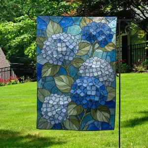 Blue Hydrangea Stained Glass Garden Flag, Cottagecore Floral Botanical Yard Decor, Outdoor Banner for Lawn Patio
