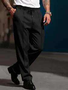 Men's Oversized Casual Pants, Elastic Waist Long Woven Fabric, Plain Pattern, Suitable for Travel & Leisure Activities, Casual Street Trousers