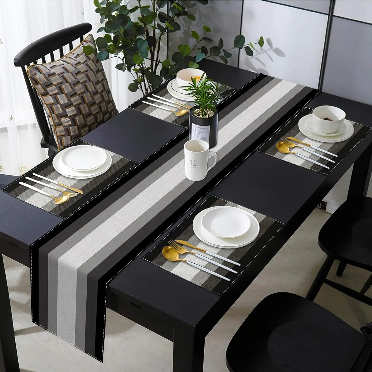 2D flat printing, 5-piece/7-piece black gray gradient table flag and Household Placemat set, Dining Table Mats, modern geometric abstract painting art restaurant decoration, suitable for daily use, Table Mats, Table Placemats