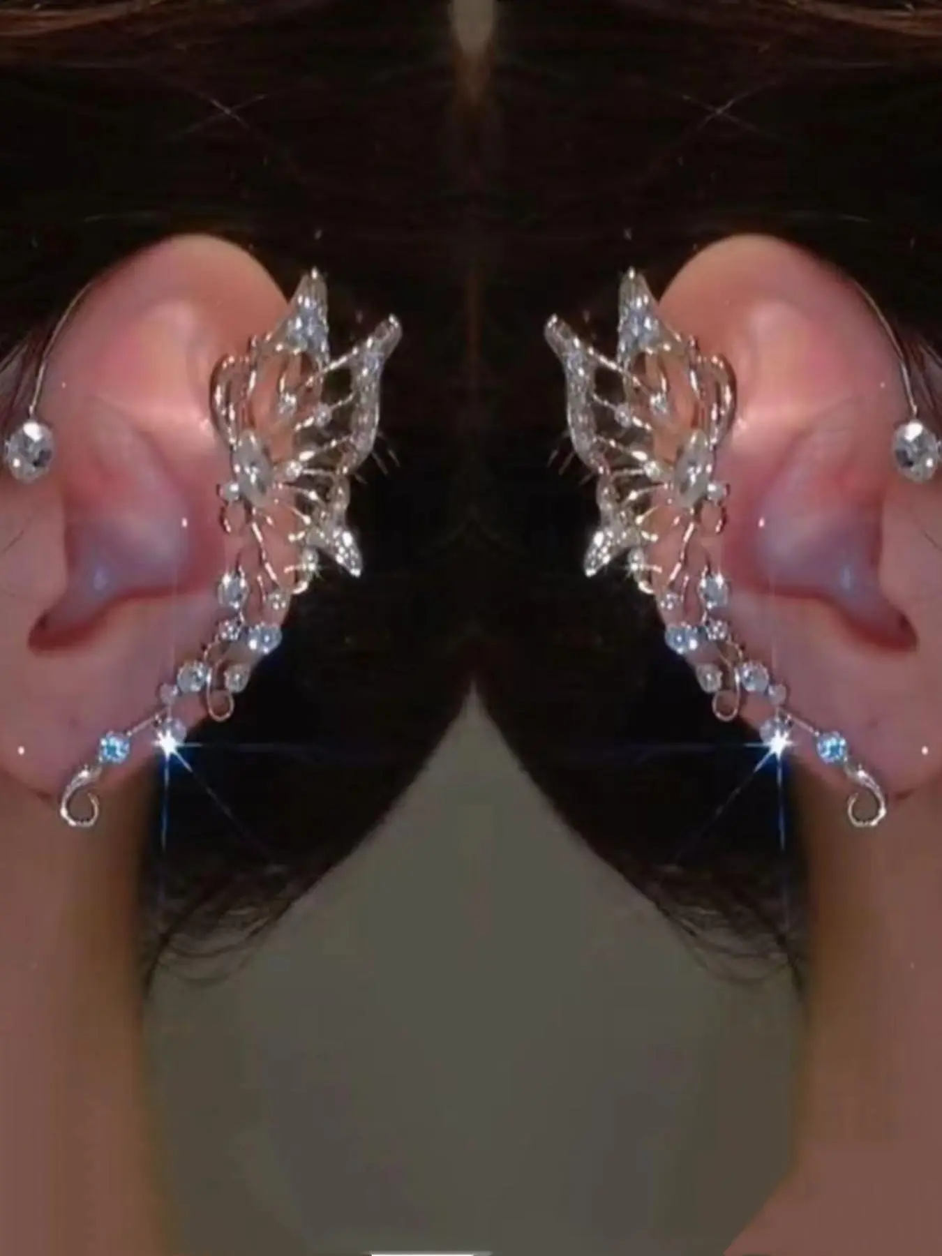 Fashionable hip-hop personality temperament new style super sparkling butterfly elf ear hook design super fairy niche light luxury unperforated ear clip earrings Bling Stylish Accessory