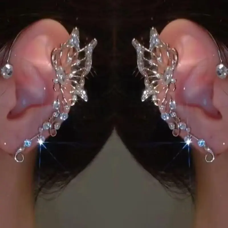 Fashionable hip-hop personality temperament new style super sparkling butterfly elf ear hook design super fairy niche light luxury unperforated ear clip earrings Bling Stylish Accessory Trendy Fashionable Accessories