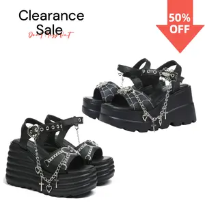 Clearance Sale Platform Sandals For Women Sweet Gothic Punk Heart Chain Buckle Comfort Square Toe High Slop Heel Wedge Sandals Web Embroidered Spider Black Flatform Walking Shoes Footwear Girl Summer