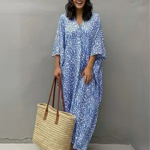 Blue Leopard Viscose Kaftan Dress – Boho Maxi Beach Cover-Up, Resort Summer Wear
