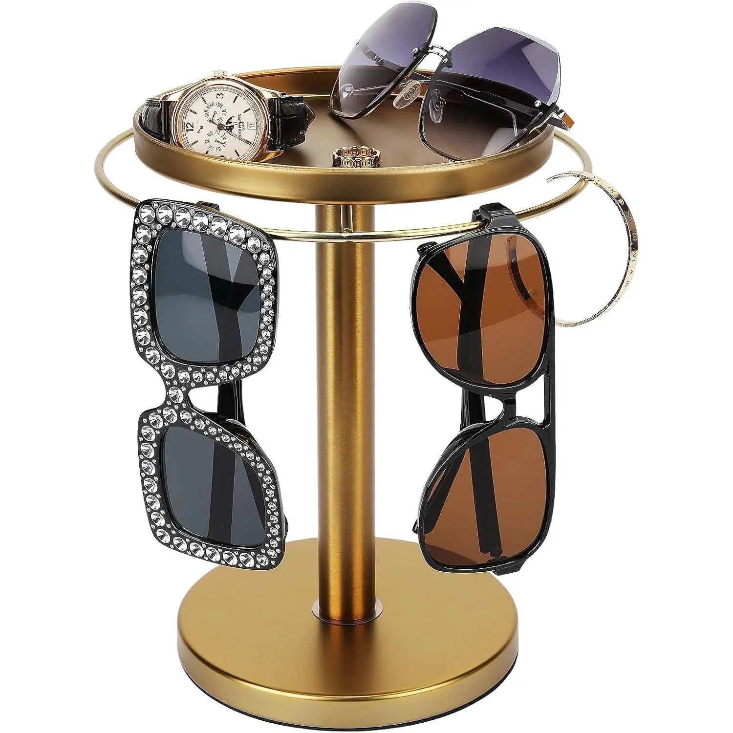 Durable Stainless Steel Rotating Sunglasses Organiser Rack with Tray - Home Organizer for Office Desk, Dressing Table