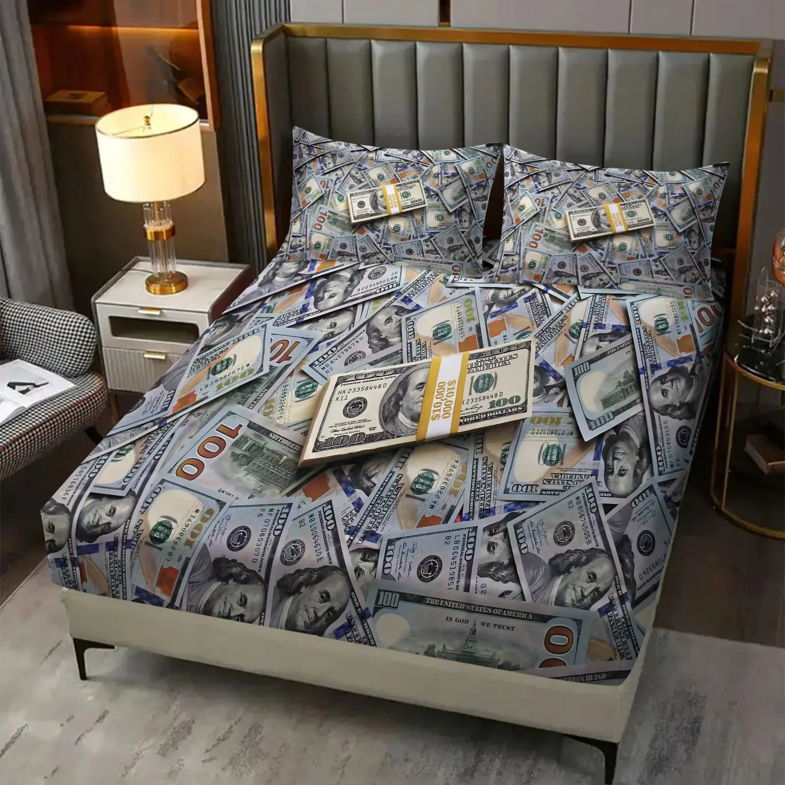 3-Piece US Dollar Pattern Fitted Sheet Set, Money、USD Printed Bedding Set, Perfect for Those Who Love Money and Want To Decorate Their Bedroom. Made Of Soft, Breathable, and Comfortable Material. Includes 1 Fitted Sheet and 2 Pillowcases.