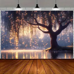 1pc Enchanted Tree Silhouette Backdrop with Twinkling Fairy Lights - No Electricity Needed, Durable Polyester Fabric, Multiple Sizes for Christmas, New Year, Weddings, Parties & Photo Booth Props, Tree Decorations, Photo Booth Background, Party Decoration