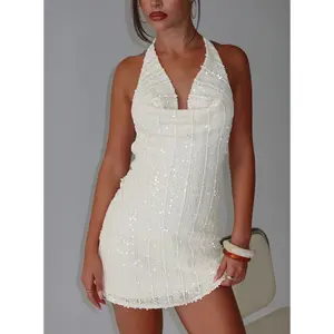 Kaimeila Halter Sequin Mini Dress Cream