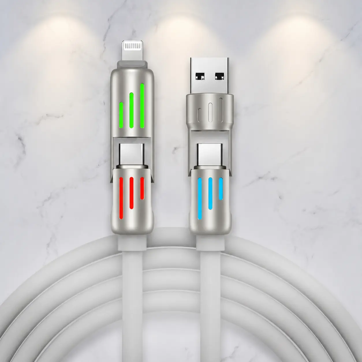 USB C Fast Charging Cable, 4-in-1 Multi Charger Cord with LED Indicator, PD 5A Data Sync Cable for iPhone 17/16/15, iPad, Samsung, MacBook