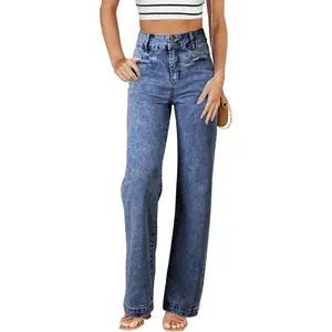 Women's High Waisted Straight Leg Stretchy Jeans Trendy Loose Wide Leg Denim Pants with PocketsGift