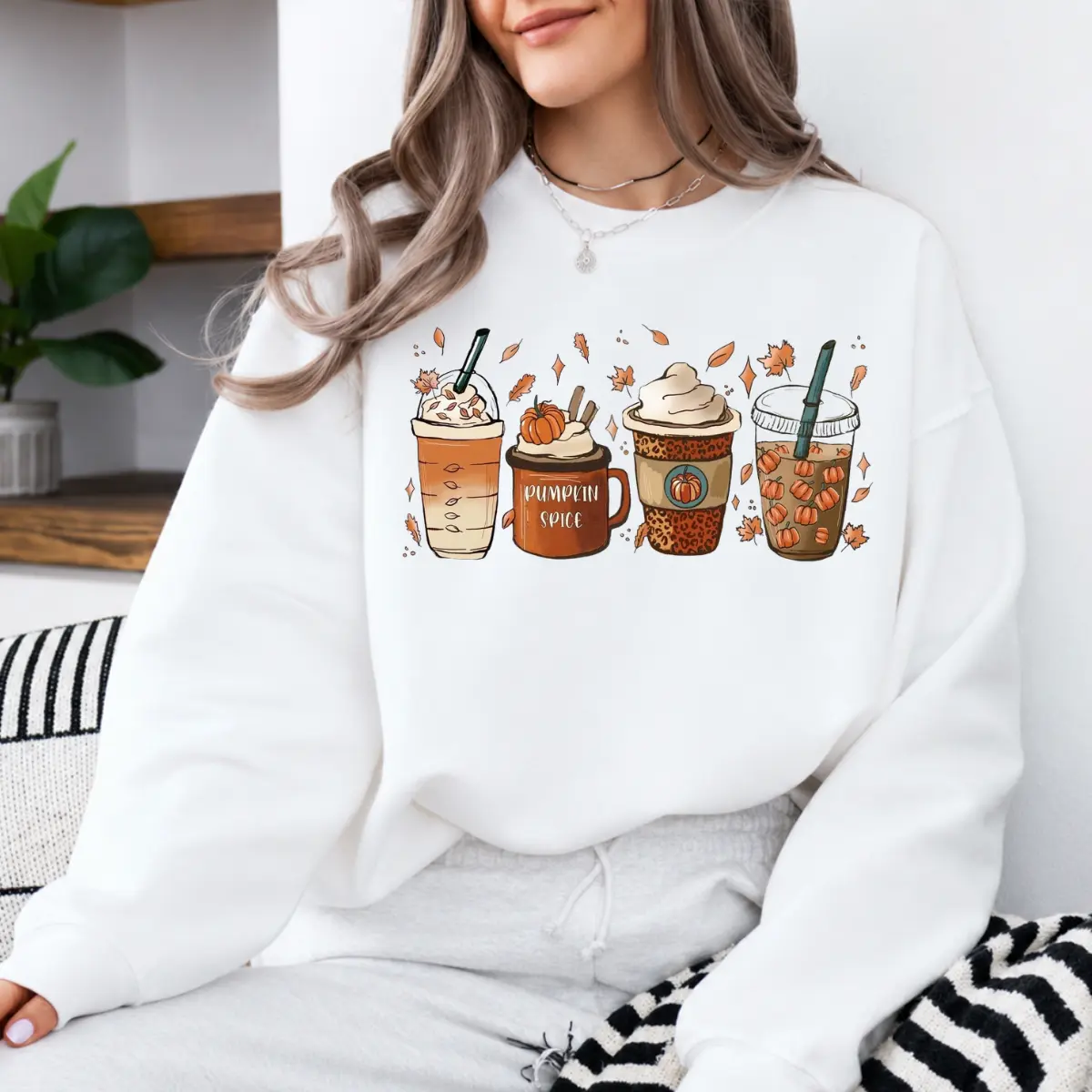 Pumpkin Spice Coffee T-Shirt and Sweatshirt, Cute Fall Drinks Graphic Tee, Autumn Latte Lover Shirt, Cozy Seasonal Coffee Gift for Women, Women Tee - JACKSON HOAI STORE