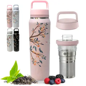Farasi Loose Leaf Tea Infuser Bottle Wide Mouth Coffee Fruit Insulated Stainless Steel Water Bottle Infuser Tumbler Leakproof Built In Handle Travel Mug Pink Floral 24 oz