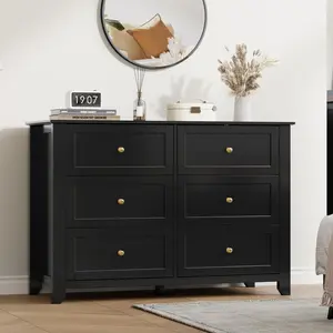 6 Drawer Dresser with Metal Knobs, 47.2" Wide Wooden Double Storage Chest for Bedroom Entryway Hallway