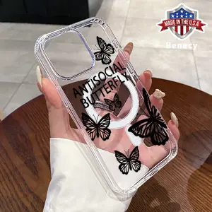 Magnetic Case for iPhone 15 16 14 Pro Max 13 12 11 XR XS Plus E Antisocial Butterfly Pattern Acrylic Back Shockproof Ultra Thin Mobile Phone Cover Gift for Girl