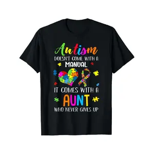 Men's Casual Streetwear Short-Sleeve Autism Doesn't Come with A Manual Inspirational Autism Aunt Top, Cotton T-Shirt