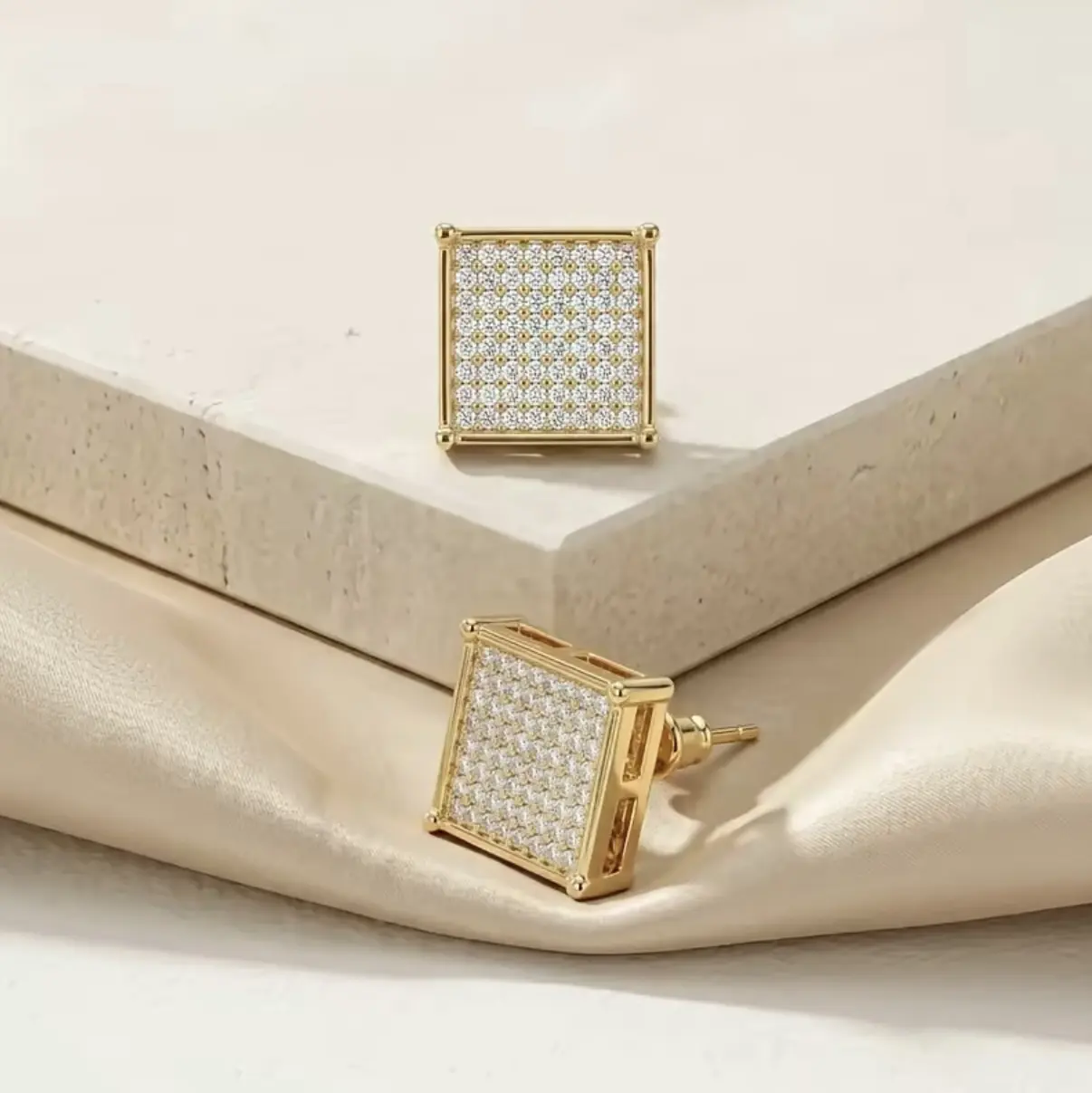 Unisex Elegant Gold Square Stud Earrings - 14K Gold Plated, Micro-Paved Cubic Zirconia, Hypoallergenic Costume Jewelry, Birthday Gift for Men