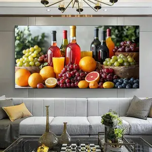 Framed Canvas Painting - Large Modern Canvas Art with Natural Wooden Background Featuring Grapes, Oranges, Wine Bottles & Room Decoration Floral Boho Print Artistic Ornaments Photo posters